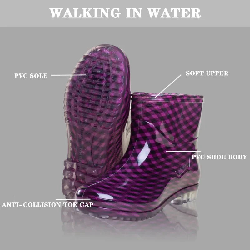 Purple women’s ankle gumboots shown worn while walking in shallow water