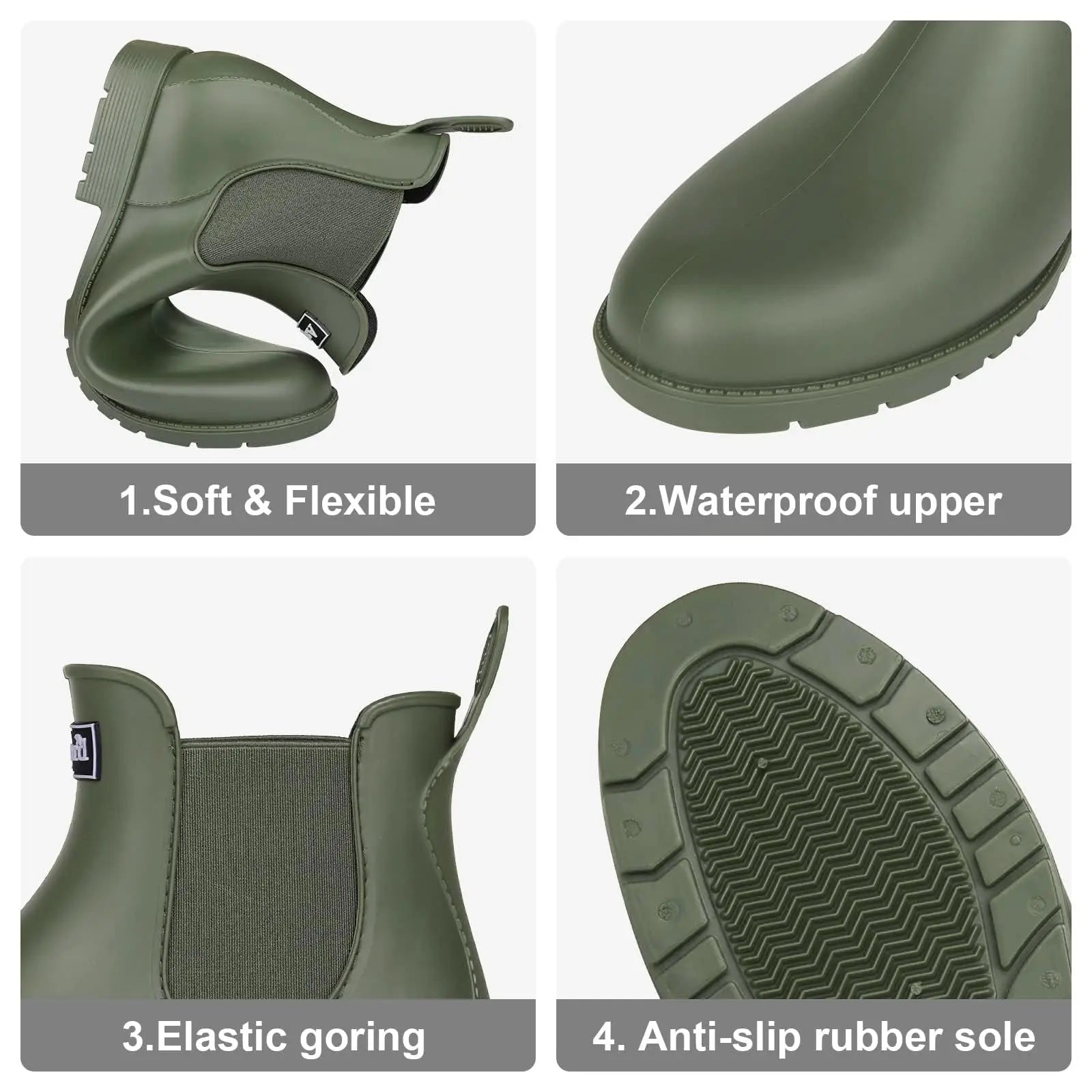 Women’s green Chelsea rain boots showing material and outsole details