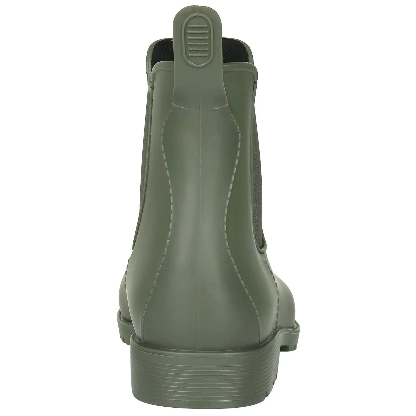 Women’s green Chelsea rain boots rear view showing heel shape
