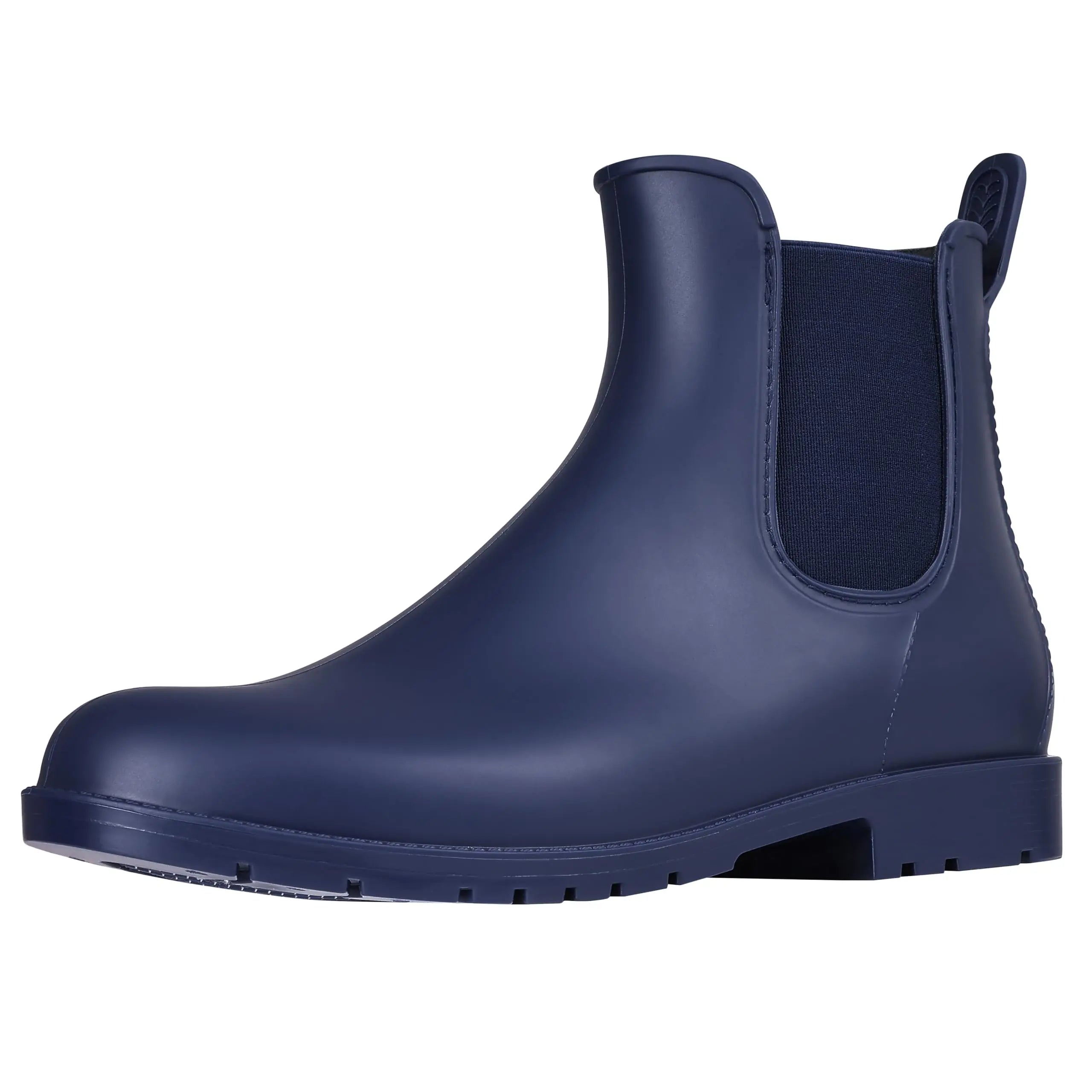 Women’s navy Chelsea style ankle rain boots profile view