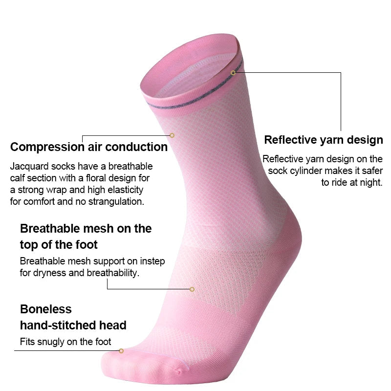 Pink women’s compression socks showing support and stretch zones