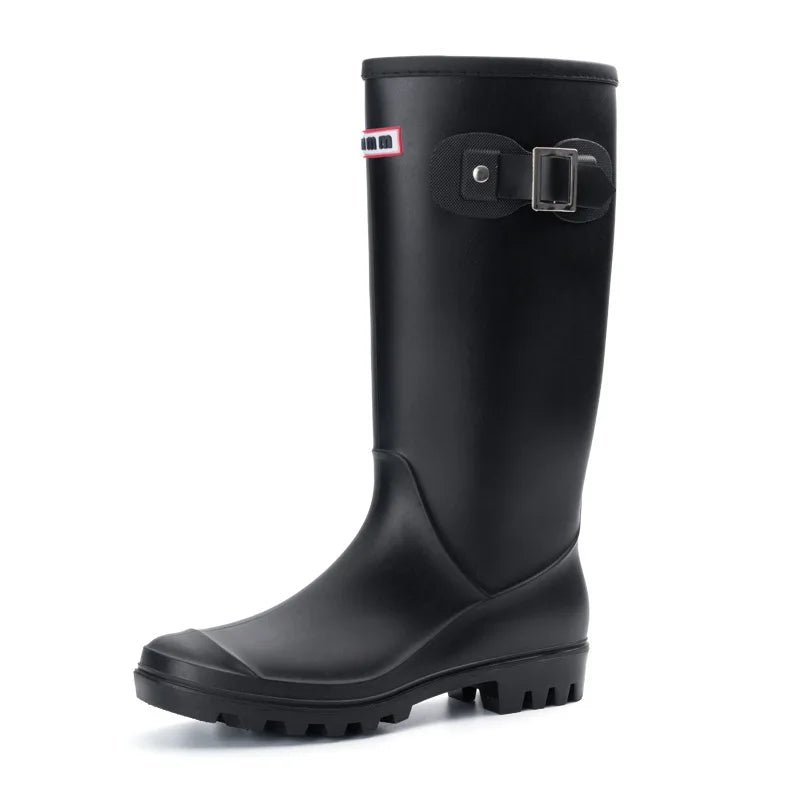 Black women’s knee high gumboots side view with round toe