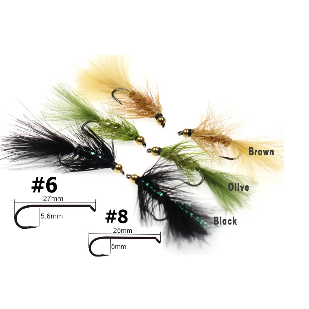 Woolly Bugger streamer flies showing hook sizes 6 and 8