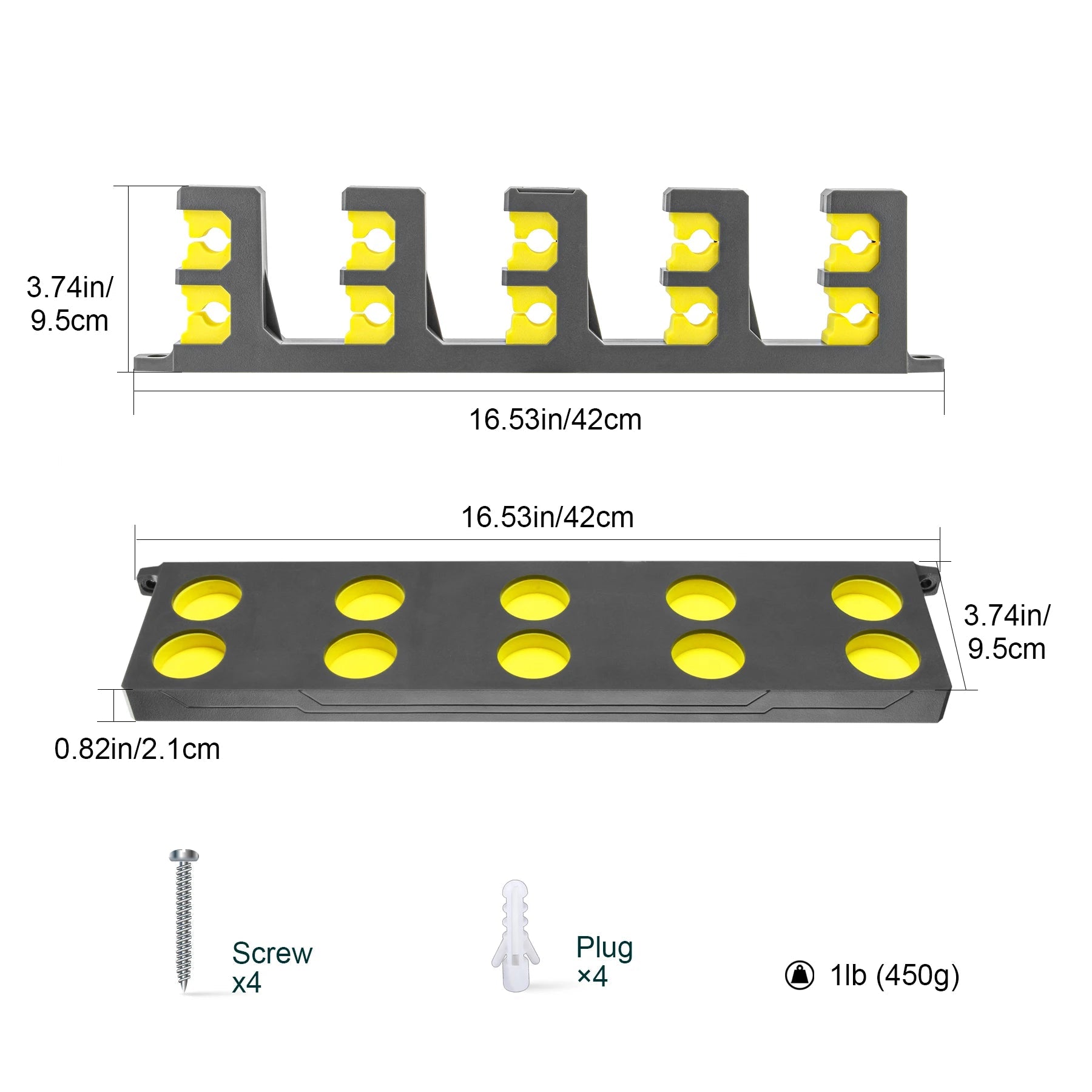 Dimensional diagram showing BOOMS FISHING WV4 rod rack size, spacing, and wall-mount layout