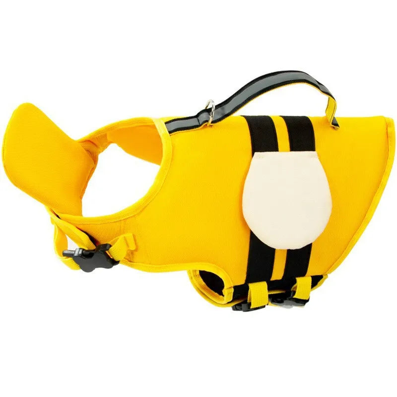 Side view yellow bee dog life jacket with flotation panels
