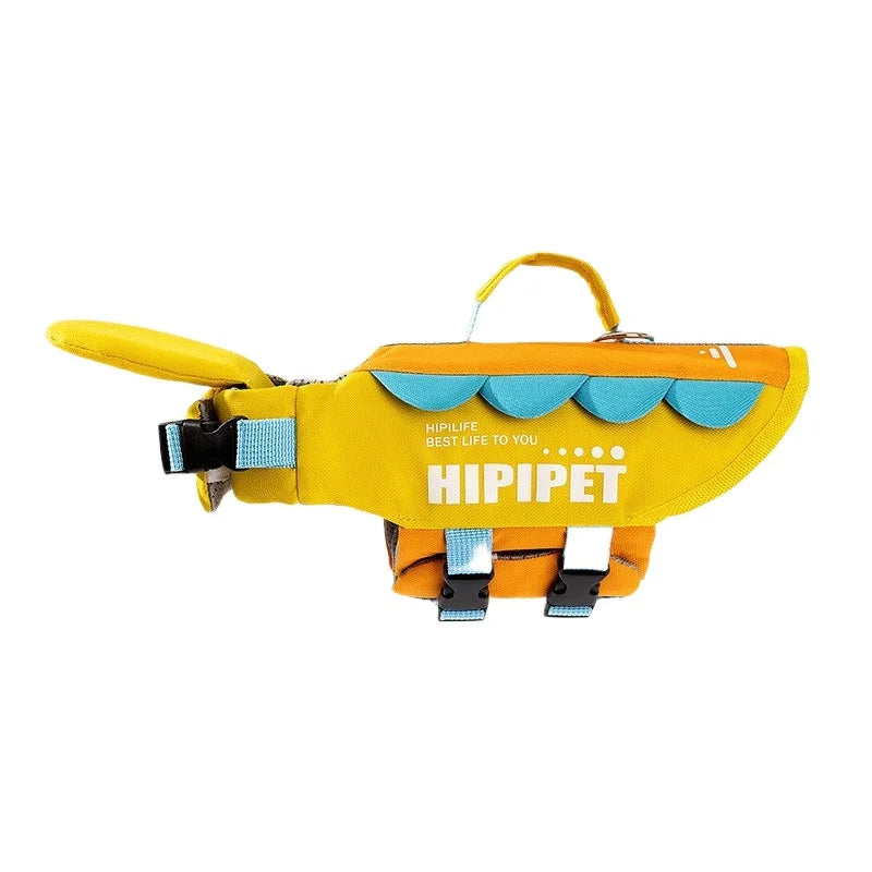 Yellow and blue dog life jacket side profile view
