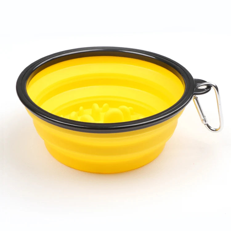 Yellow collapsible slow feeder dog bowl with metal clip