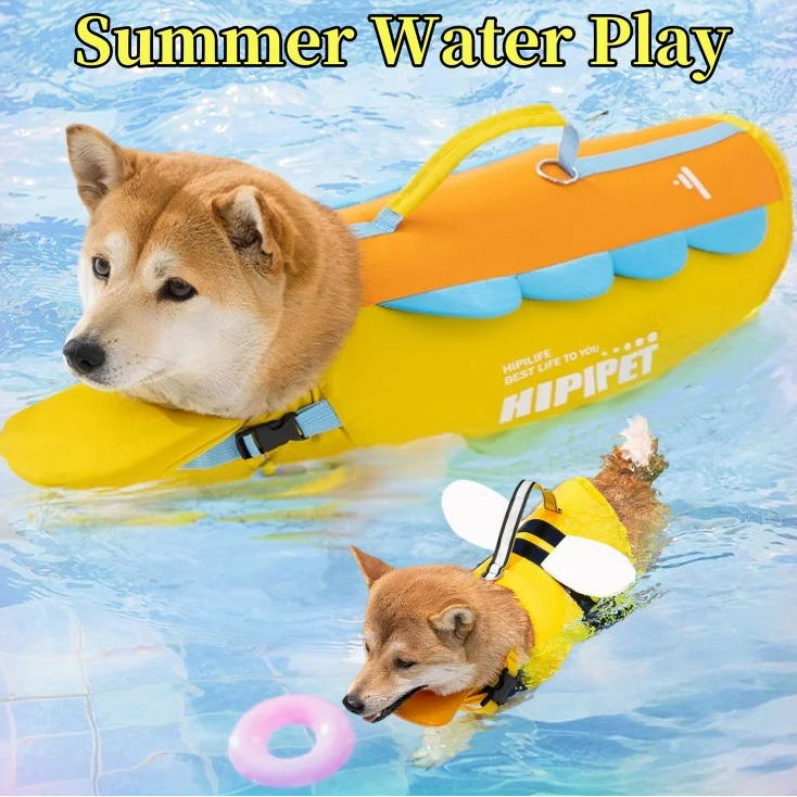 Small dog swimming in pool wearing yellow life jacket
