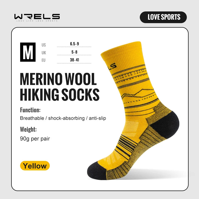Medium pair yellow merino wool hiking crew socks
