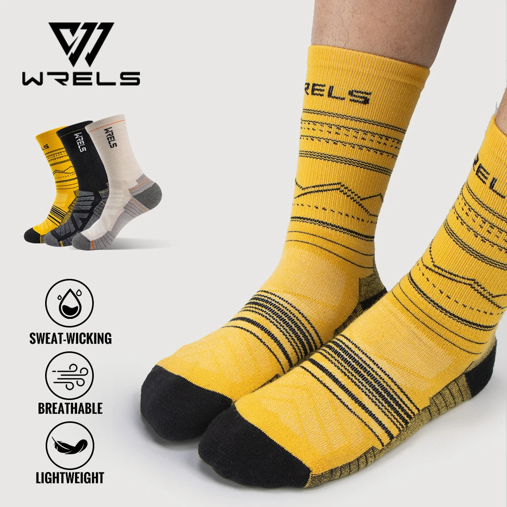 Yellow merino wool hiking crew socks worn mid calf