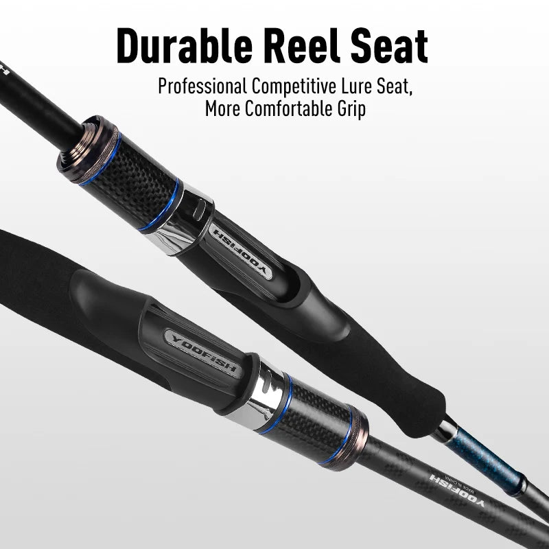 YOOFISH Blue Shorecast fishing rod with durable reel seat providing ergonomic comfort and firm reel attachment