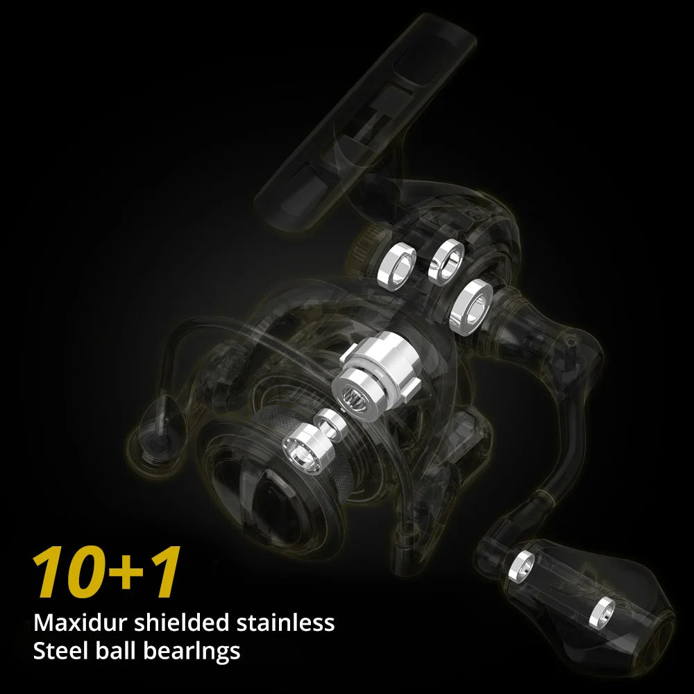 ZEPHYR spinning reel internal ball bearing layout showing 10+1 stainless steel system for ultra-smooth operation