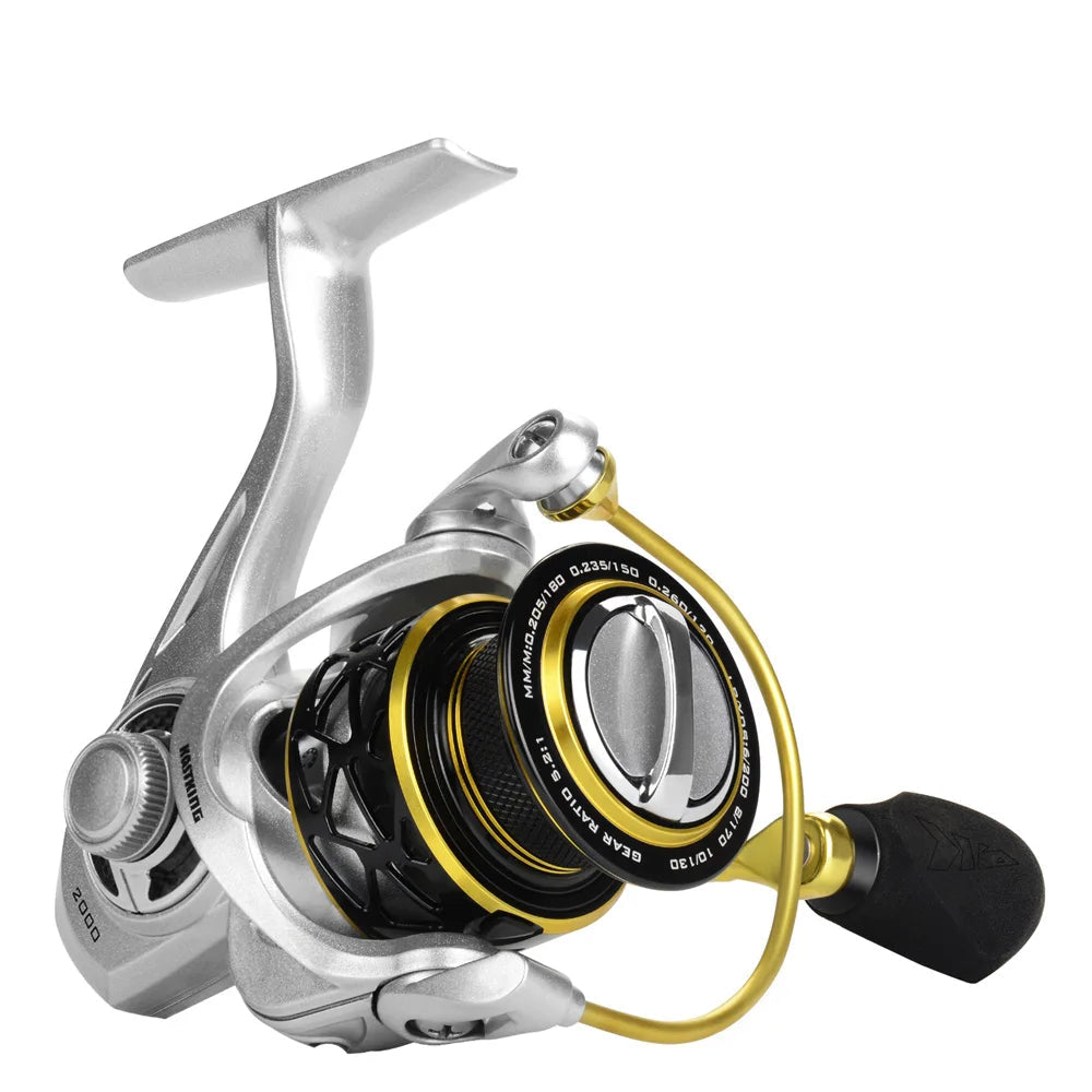 ZEPHYR silver and yellow spinning reel with carbon-infused nylon frame and CNC aluminium spool
